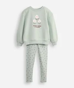 conjunto infantil longo de moletom floral e poá verde 12