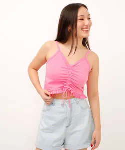 cropped de algodão juvenil com franzido e babado rosa 10