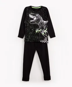 pijama de algodão infantil dinossauro brilha no escuro manga longa preto 6