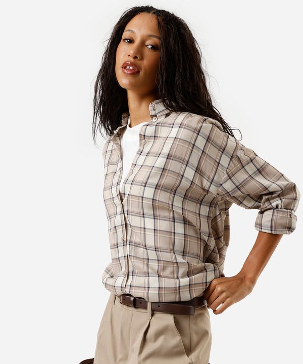 camisa oversized feminina de viscose manga longa xadrez bege M
