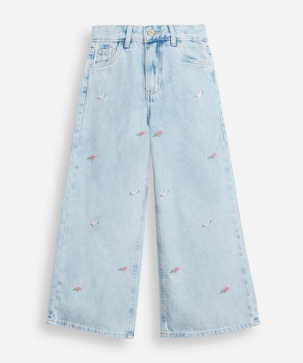 calça wide leg infantil jeans floral - jeans medio 10