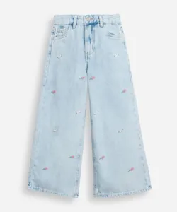 calça wide leg infantil jeans floral - jeans medio 8