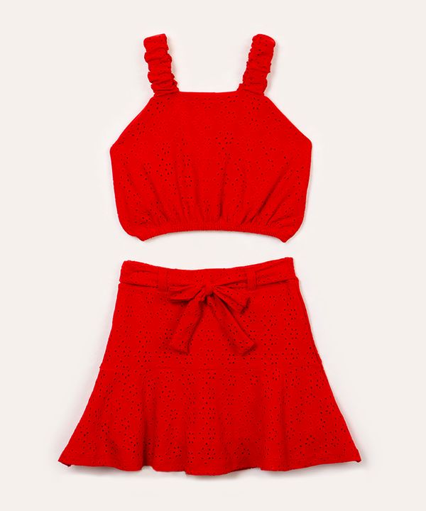 conjunto infantil de laise alça franzida vermelho 4
