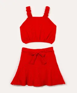 conjunto infantil de laise alça franzida vermelho 6