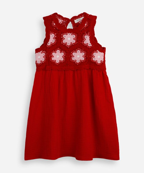 vestido evasê infantil com crochê floral vermelho 12