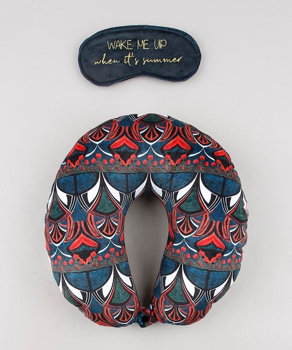 Kit de Apoio de Pescoço Estampado Floral Geométrico + Tapa Olho Azul Marinho Único