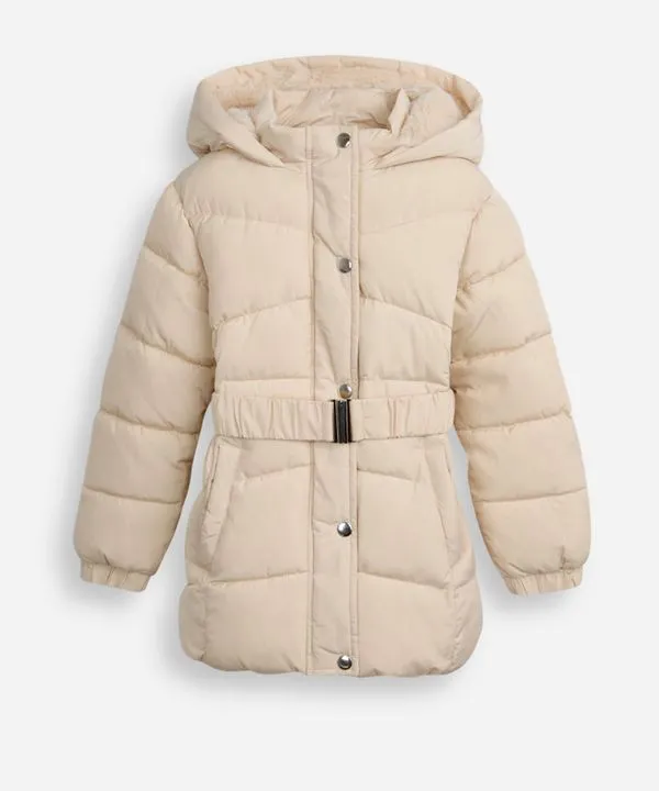 jaqueta puffer infantil longa com cinto bege 6