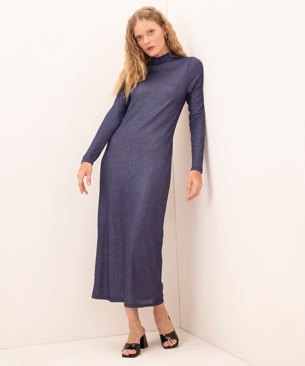 vestido longo canelado com brilho manga longa mindset azul marinho M