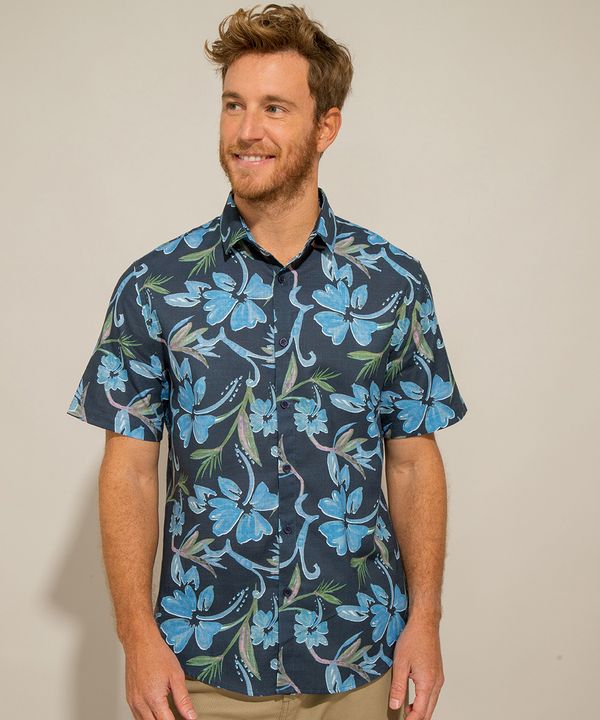 Camisa Tradicional de Algodão Estampada Floral Manga Curta Azul M