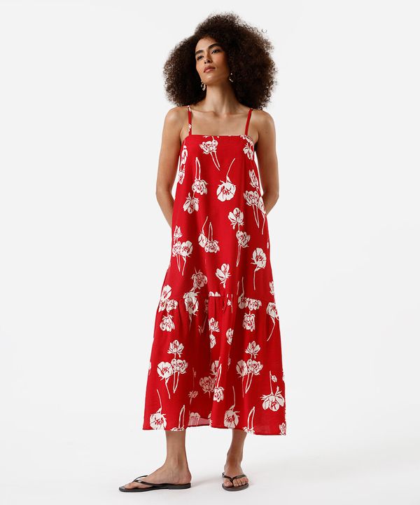 vestido midi feminino de viscose floral vermelho M