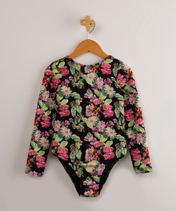 maiô infantil manga longa estampado floral com proteção uv50+ além dos mares alter do chão preto 12
