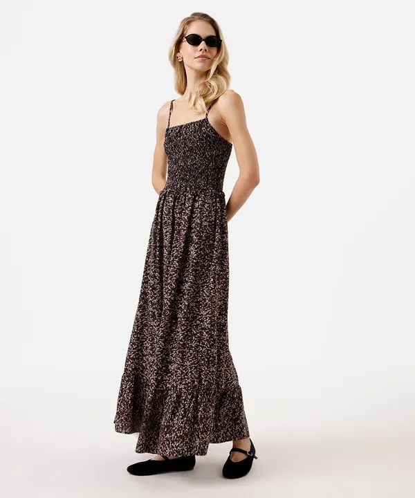 vestido longo alça fina feminino de viscose com recorte floral preto M