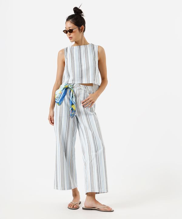 calça wide leg cropped feminina de sarja listrada off white 38