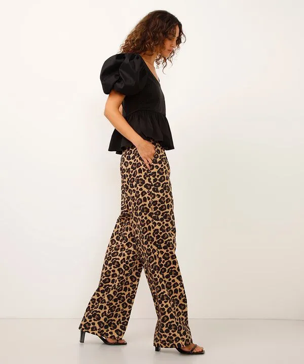 calça reta cós com cordão animal print bege G
