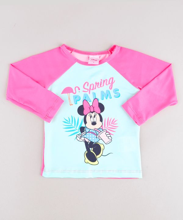 Blusa de Praia Infantil Minnie Raglan Manga Longa com Proteção UV50+ Rosa Neon 3