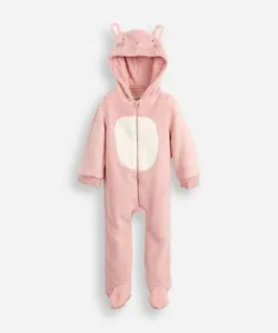 macacão longo de fleece infantil com capuz coelhinho rosa 6-9
