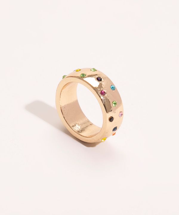 anel com pontos de strass coloridos dourado G