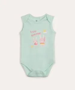 body infantil sem manga coelhos verde 0-3