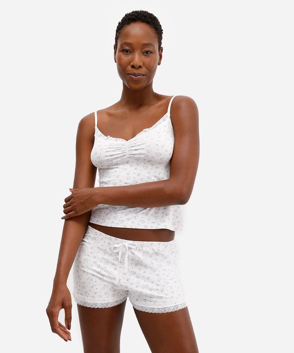 pijama short doll feminino com renda floral off white GG