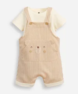 jardineira infantil listrado de urso com blusa bege 3-6