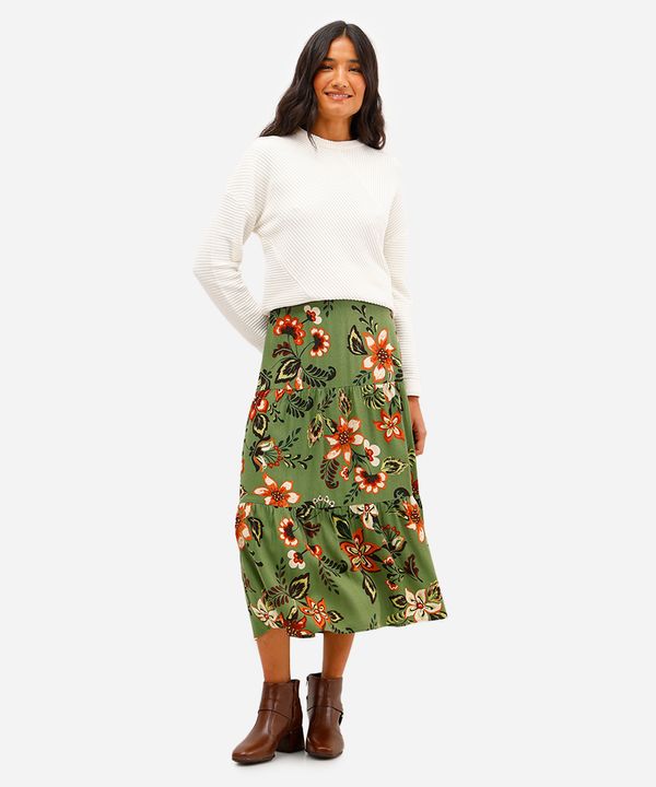 saia midi feminina com linho recortes floral verde 42