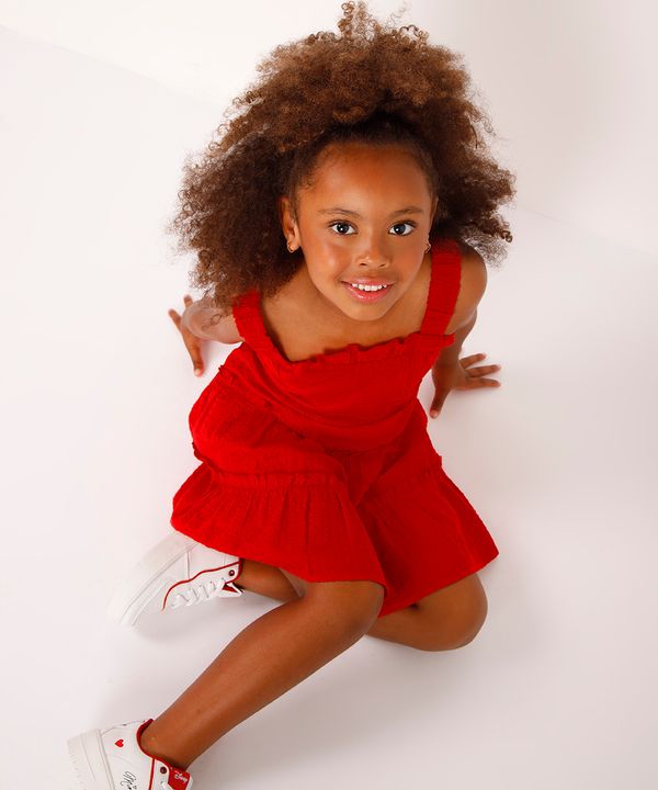 vestido curto infantil de algodão texturizado vermelho 4