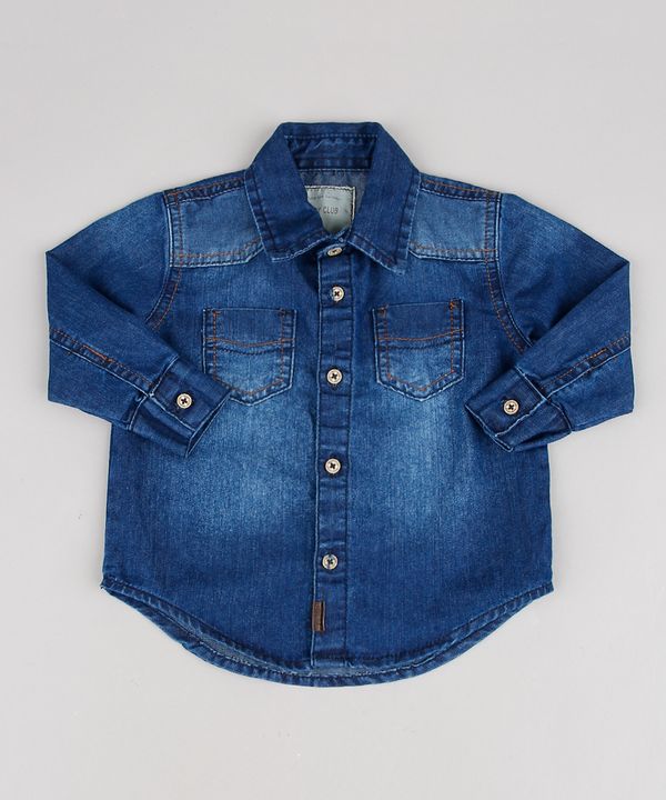 Camisa Jeans Infantil com Bolsos Manga Longa Azul Escuro 3