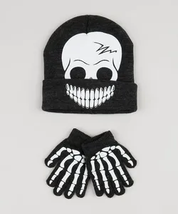 Kit Infantil de Gorro de Tricô Caveira + Luva Cinza Mescla Escuro Único