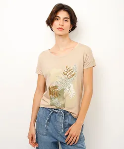 blusa de viscose folhagem com paetê bege PP