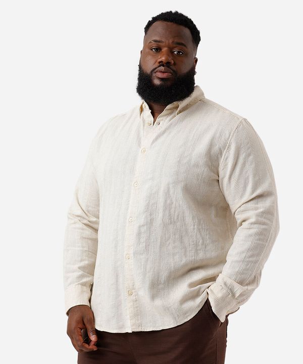 camisa masculina com linho texturizada plus size bege GG2