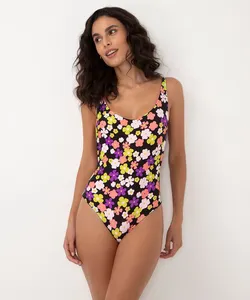maiô floral cavado alça fina proteção uv preto GG