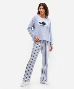 pijama longo feminino fleece com bordado stitch azul G