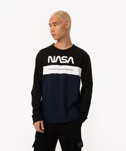 camiseta de algodão manga longa recortes nasa preto PP