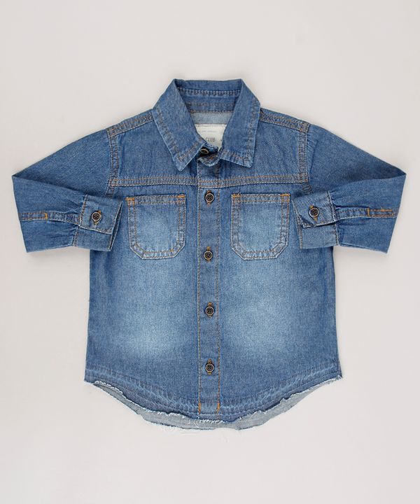 Camisa Jeans Infantil com Bolsos Barra Desfiada Manga Longa Azul Escuro 1