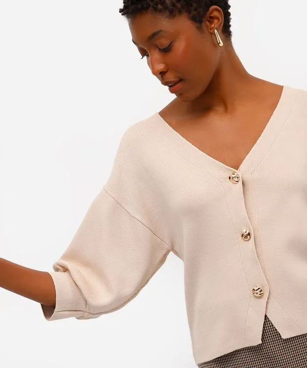 cardigan feminino de tricot manga curta decote v bege G