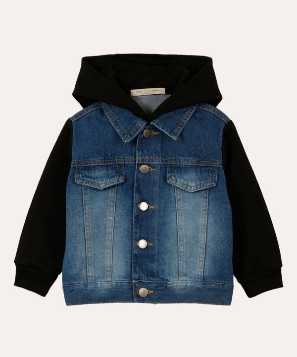 jaqueta jeans infantil com manga e capuz de moletom preto 3