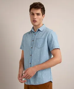 camisa jeans estampada mini print âncoras com bolso manga curta azul claro M
