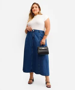 saia midi feminina jeans com recortes plus size azul 50