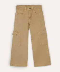 calça wide leg de sarja infantil bolsos cargo bege 12