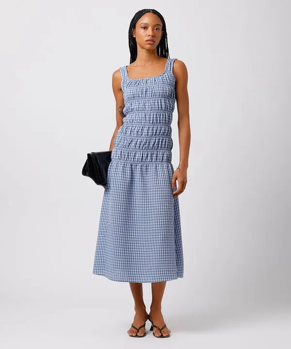 vestido midi feminino com franzidos decote quadrado xadrez mindset colorido PP