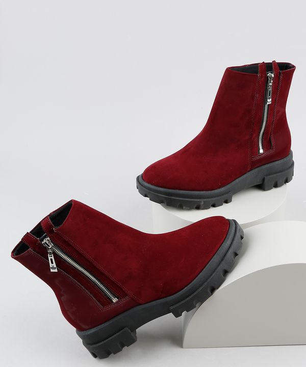 Bota Feminina Vizzano Cano Curto Salto Tratorado Bico Redondo Vinho 36