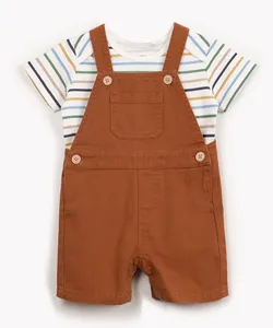 jardineira de sarja infantil com camiseta listrada marrom 9-12