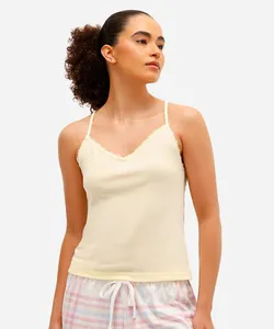 blusa alcinha em ribana lisa com detalhe em renda amarela G