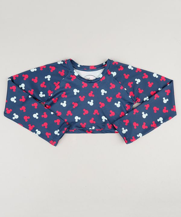 Blusa de Praia Infantil Cropped Estampada Mickey Manga Longa Decote Redondo Azul 12
