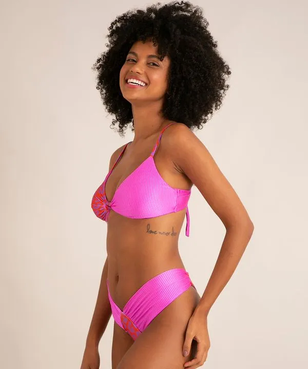 biquíni calcinha tanga com franzido estampado animal print de onça proteção uv50+ rosa P