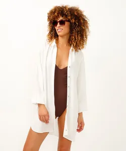 camisa saída de praia de viscose alongada off white G
