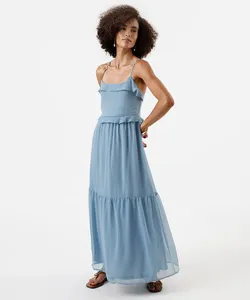 vestido longo alça fina feminino com recortes e babados azul PP