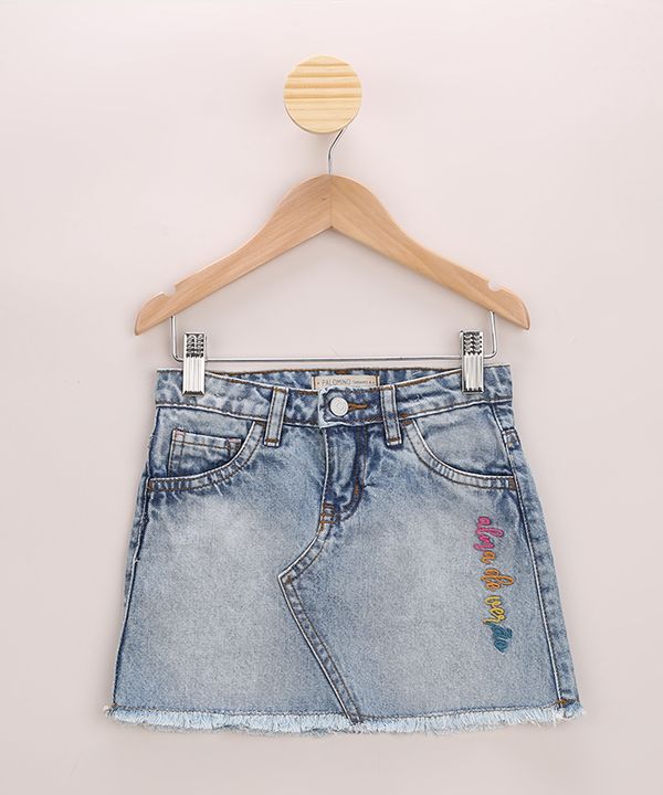 Saia Jeans Infantil Feline com Bordado Barra Desfiada Azul Médio 8