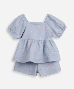 conjunto curto infantil de algodão floral texturizado azul 3