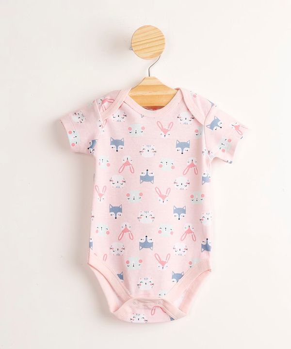Body Infantil de Algodão Básico Estampado Bichinhos Manga Curta Rosa Claro 9-12